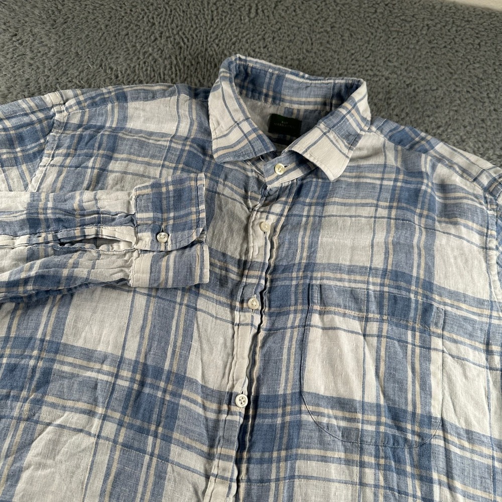 Sid Mashburn Shirt Mens XL Blue‎ White Plaid Linen Blend Button Up Long Sleeve